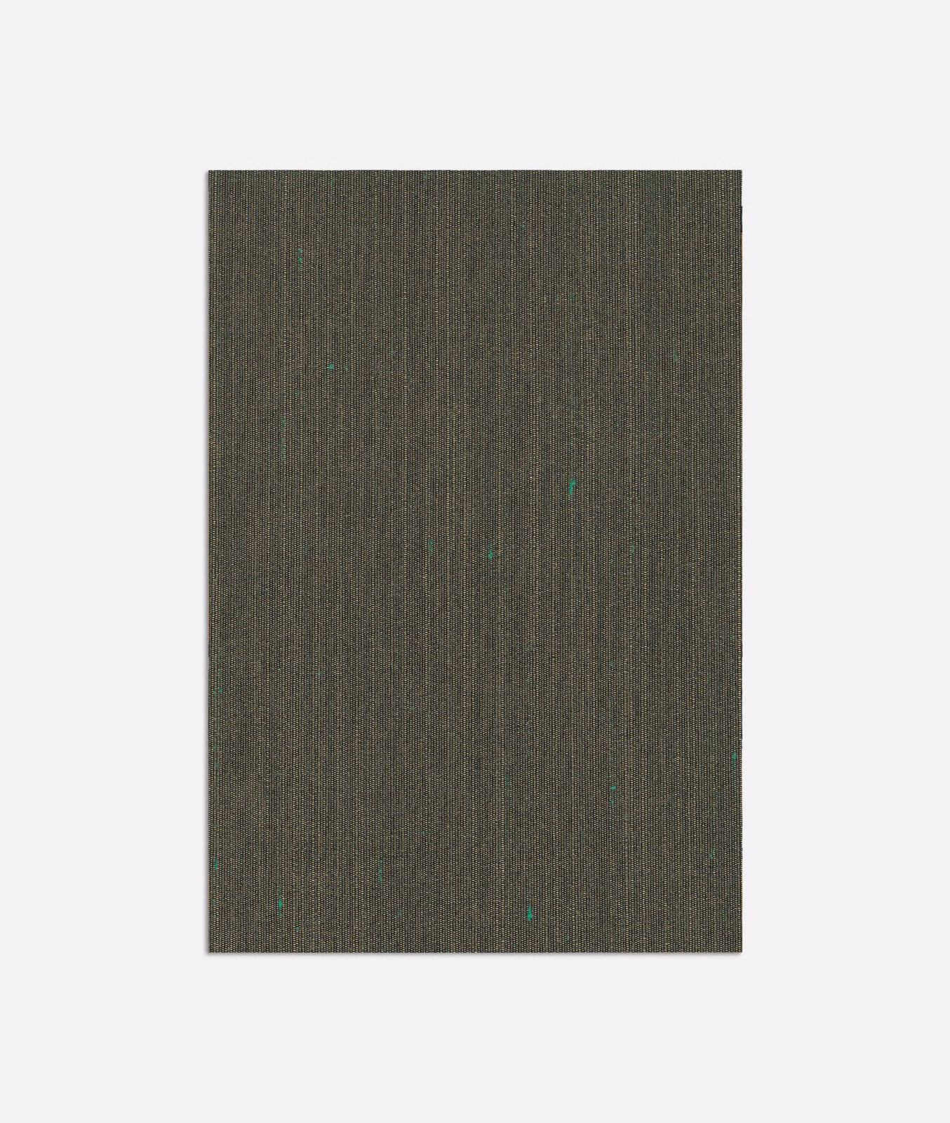 Dark olive-charcoal woven swatch with fine vertical ribs and tiny turquoise-green flecks