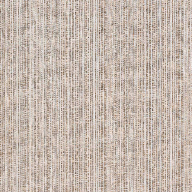 Warm beige woven fabric with fine vertical taupe striations and linen-like texture