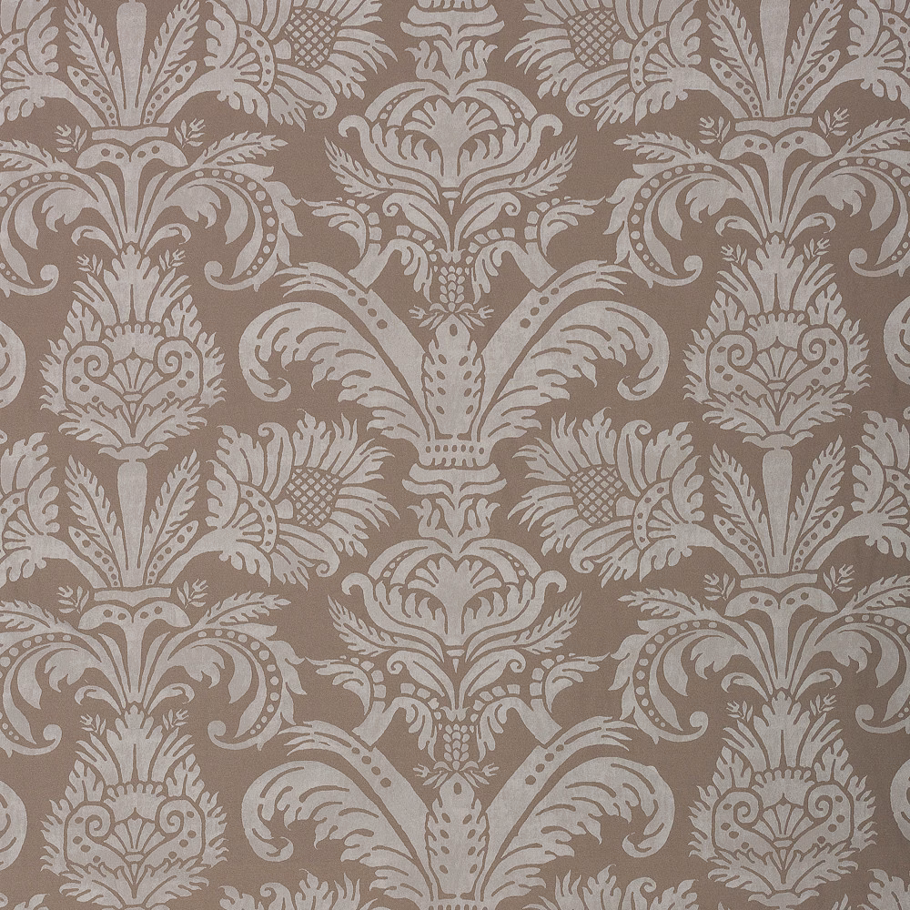 Cool taupe damask with pale ivory scrolling motifs and subtle tonal texture