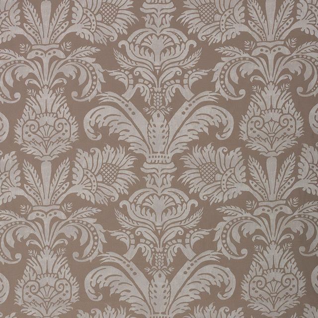 Cool taupe damask with pale ivory scrolling motifs and subtle tonal texture