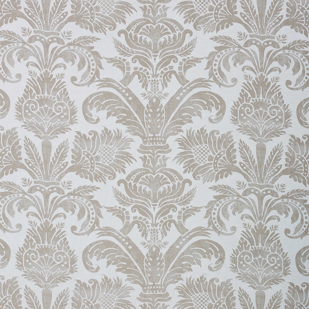 Pale pearl-grey damask with symmetrical silver-grey foliage and scrolling motifs