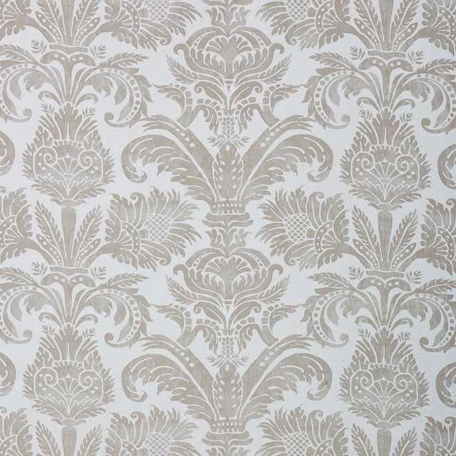 Pale pearl-grey damask with symmetrical silver-grey foliage and scrolling motifs