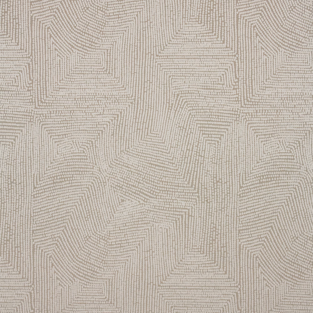 Pale greige woven textile with maze-like broken geometric lines and soft tactile texture