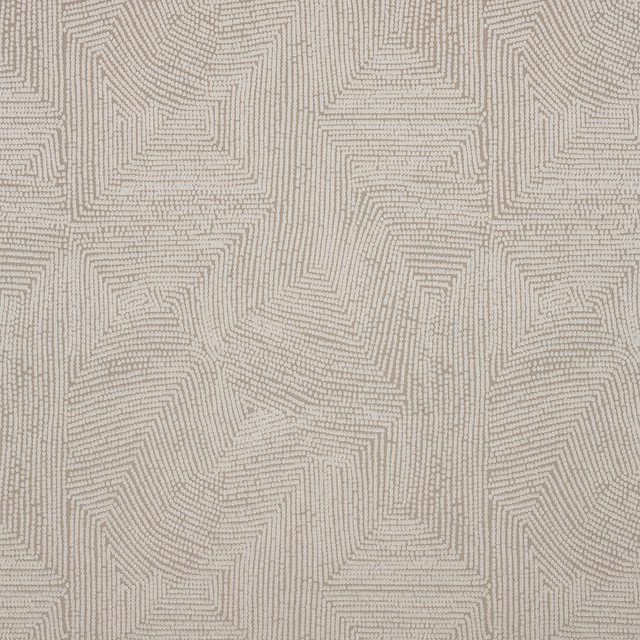 Pale greige woven textile with maze-like broken geometric lines and soft tactile texture