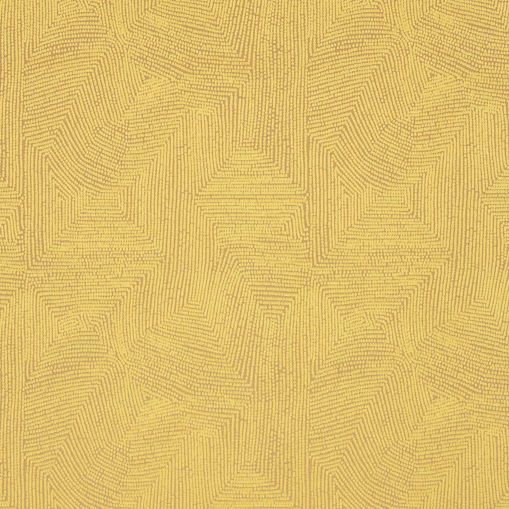 Warm yellow-gold woven swatch with fine nested maze-like linear geometry