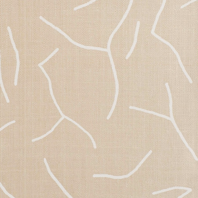 Warm oat-beige woven fabric with irregular white branching lines and fine texture