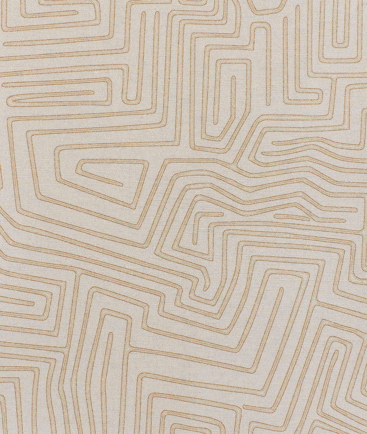 Pale greige woven fabric with fine ochre angular maze lines and nested pathways