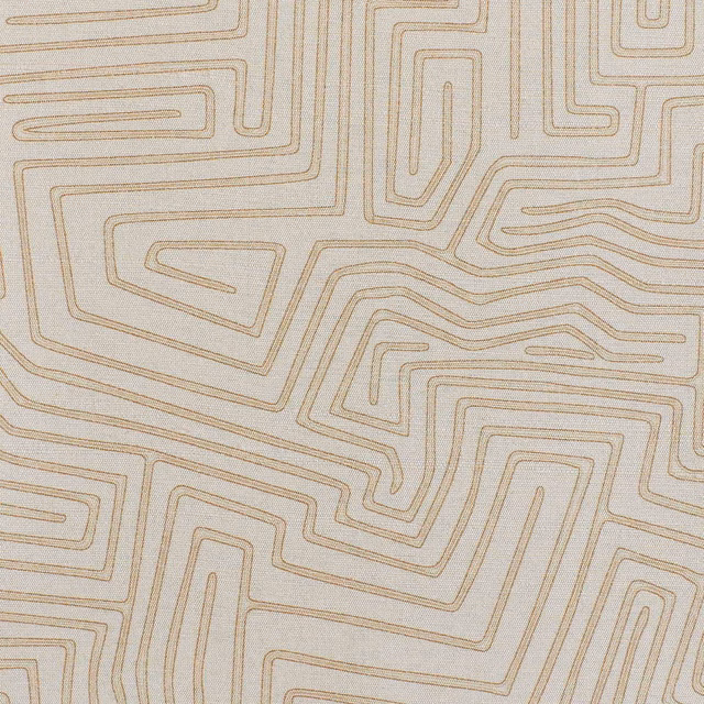 Pale greige woven fabric with fine ochre angular maze lines and nested pathways