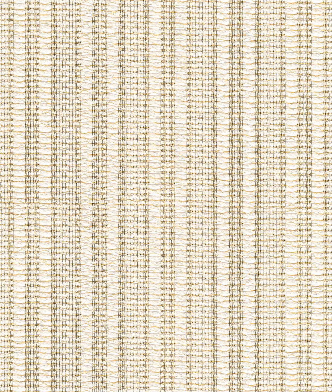 Warm ivory woven fabric with fine taupe-gold vertical ladder stripes and open texture