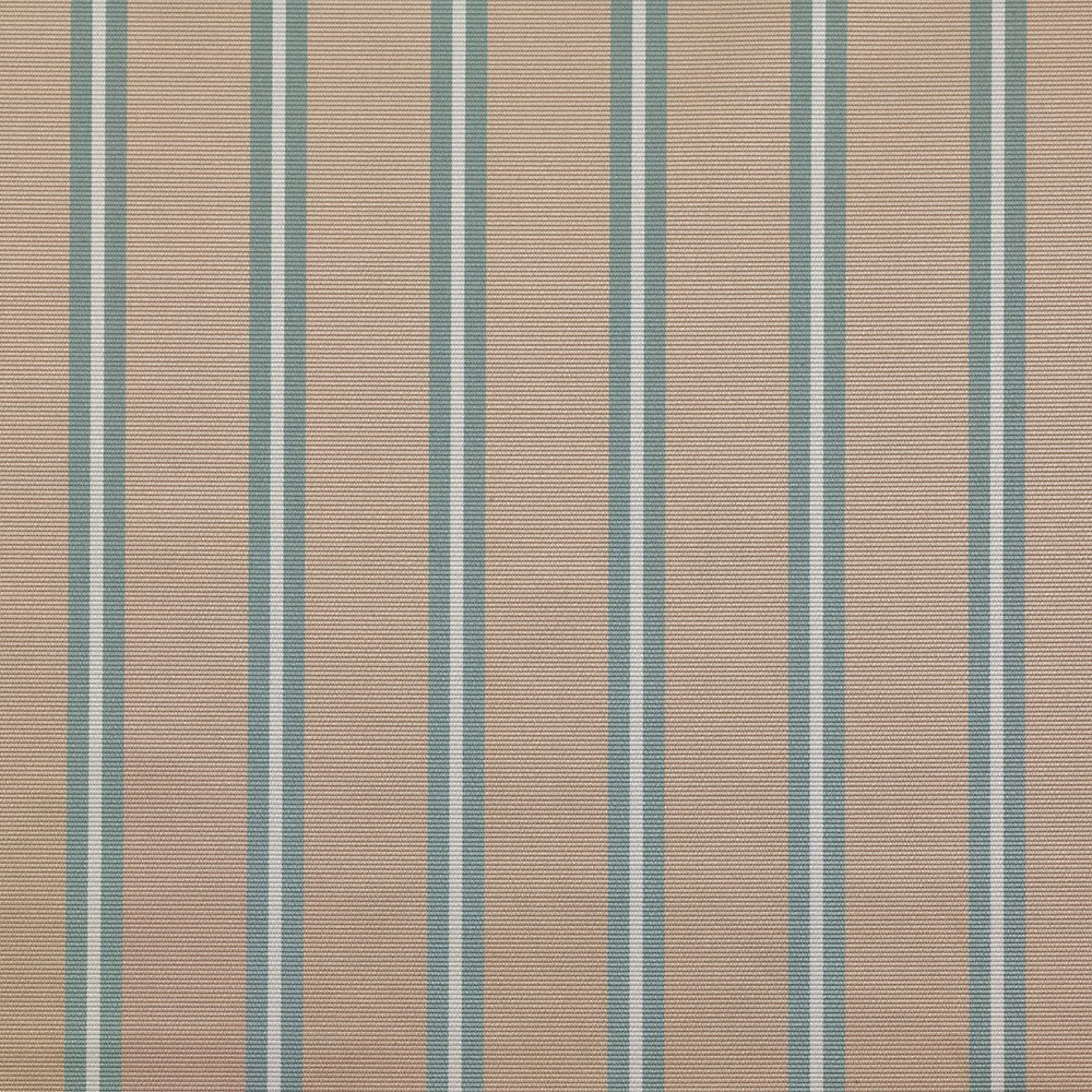 Warm almond cream fabric with muted teal vertical stripes and fine horizontal ribbing