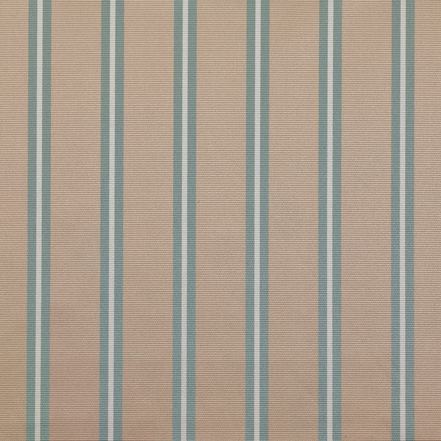 Warm almond cream fabric with muted teal vertical stripes and fine horizontal ribbing