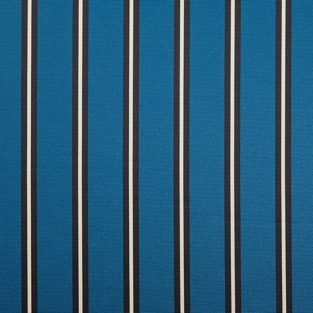 Close-up of teal-blue woven fabric with vertical black and ivory stripes