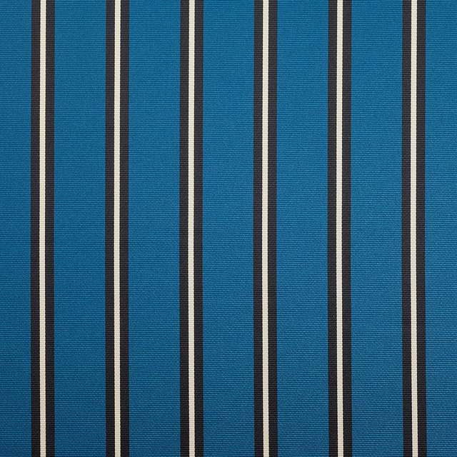 Close-up of teal-blue woven fabric with vertical black and ivory stripes