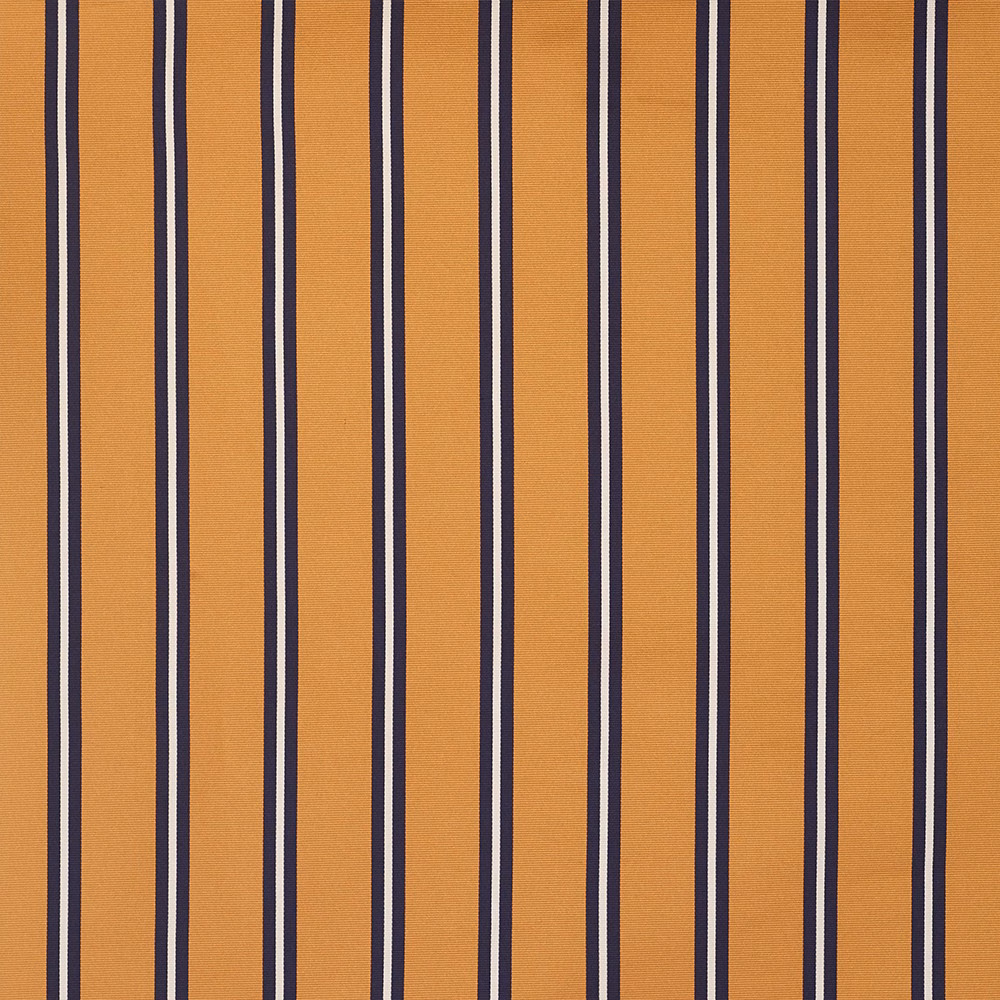 Warm carrot-orange fabric with evenly spaced navy and ivory vertical stripes