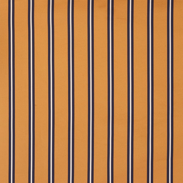 Warm carrot-orange fabric with evenly spaced navy and ivory vertical stripes