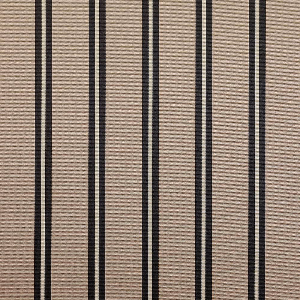 Warm taupe woven fabric with narrow black vertical stripes and fine horizontal ribbing