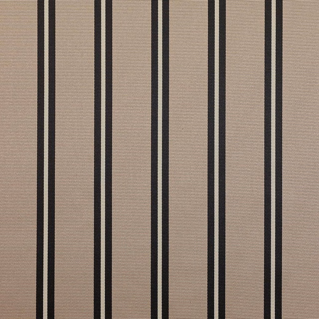Warm taupe woven fabric with narrow black vertical stripes and fine horizontal ribbing