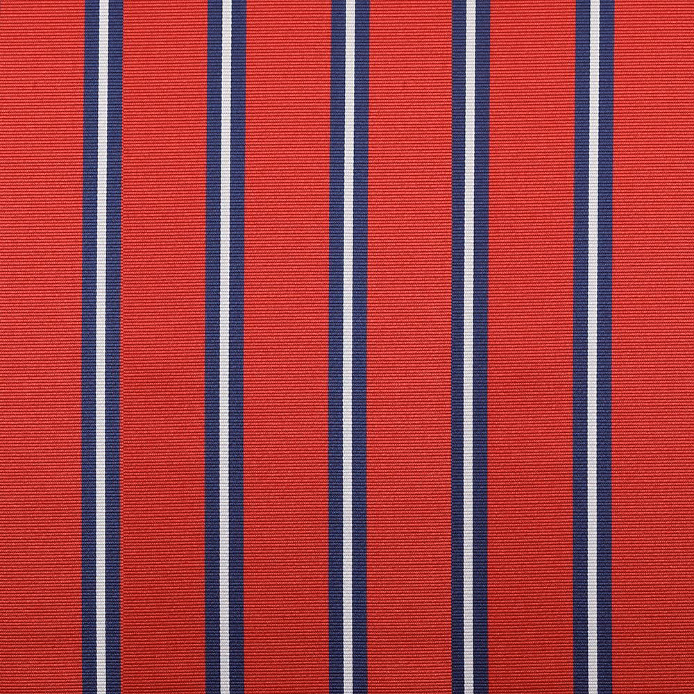 Saturated red finely ribbed fabric with navy and white vertical stripes