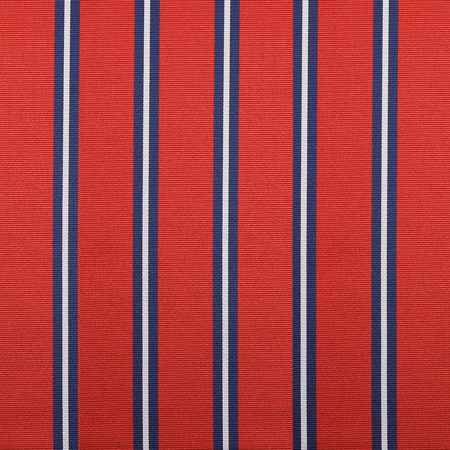 Saturated red finely ribbed fabric with navy and white vertical stripes