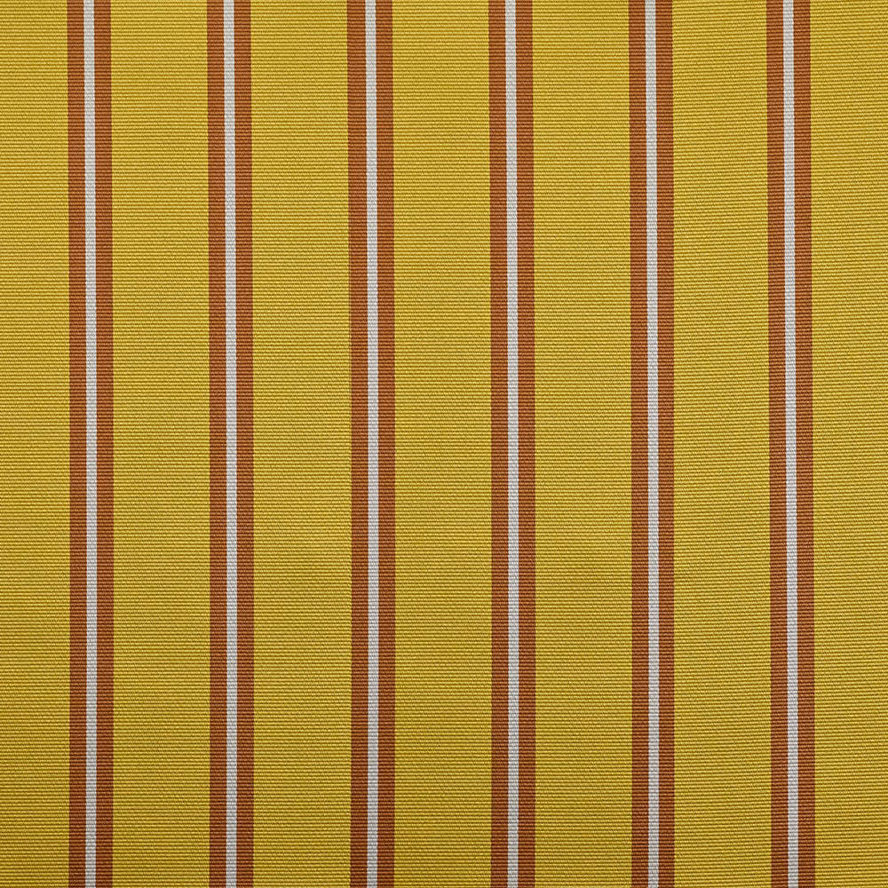 Mustard yellow woven fabric with rust and pale blue vertical stripes