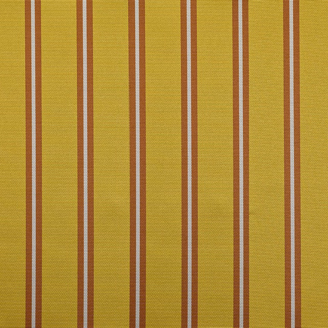 Mustard yellow woven fabric with rust and pale blue vertical stripes