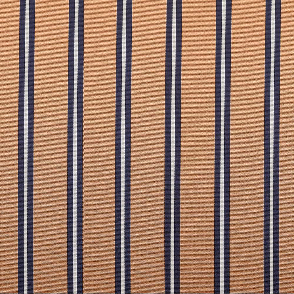 Warm terracotta striped textile with dark navy bands and fine horizontal ribbing