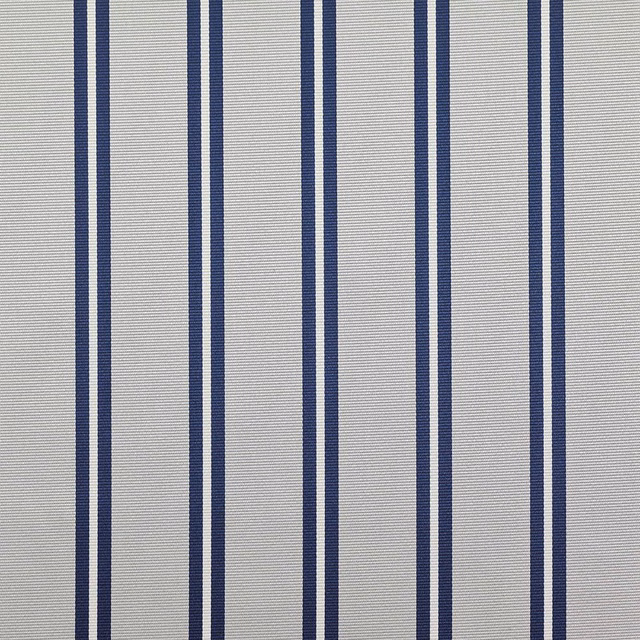Cool grey ribbed fabric with evenly spaced vertical ink-blue stripes