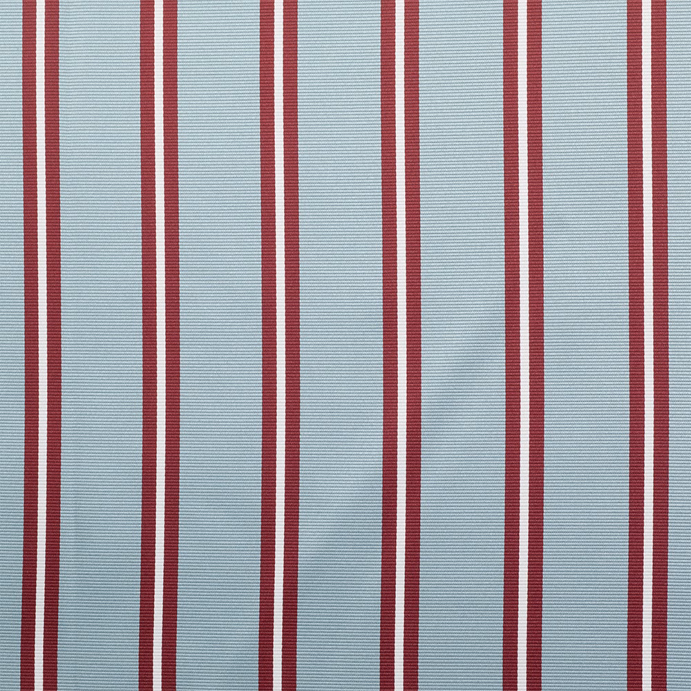 Pale blue-grey ribbed fabric with burgundy and white vertical stripes