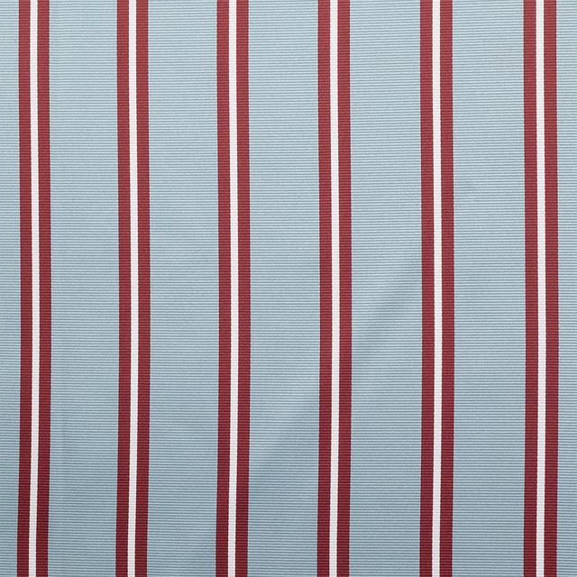 Pale blue-grey ribbed fabric with burgundy and white vertical stripes