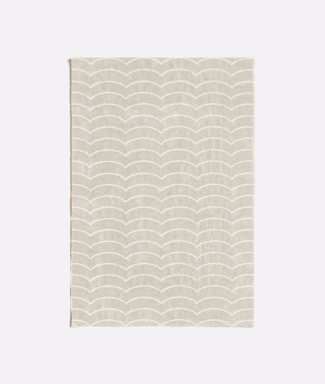 Pale greige woven fabric with repeated ivory scallop lines and subtle texture