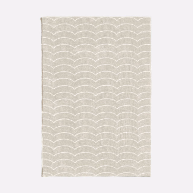 Pale greige woven fabric with repeated ivory scallop lines and subtle texture