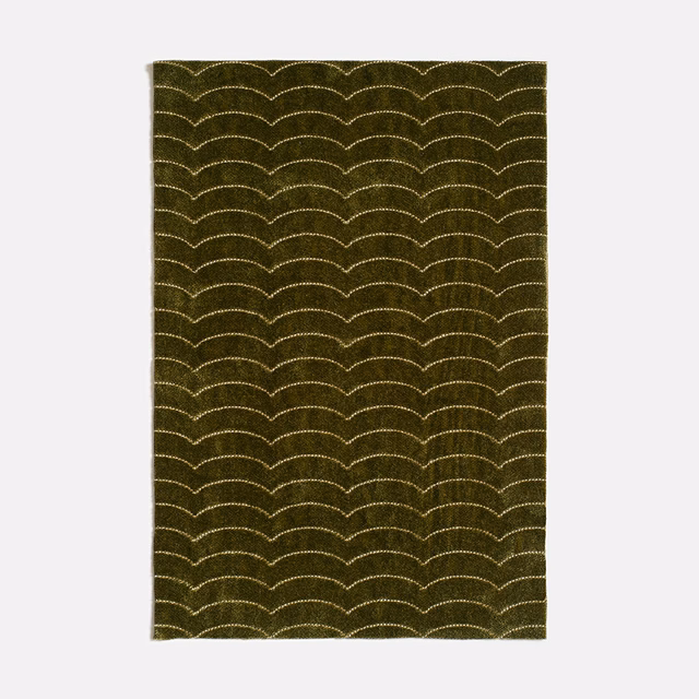 Deep olive woven fabric with repeated pale scallop lines and subtle vertical texture
