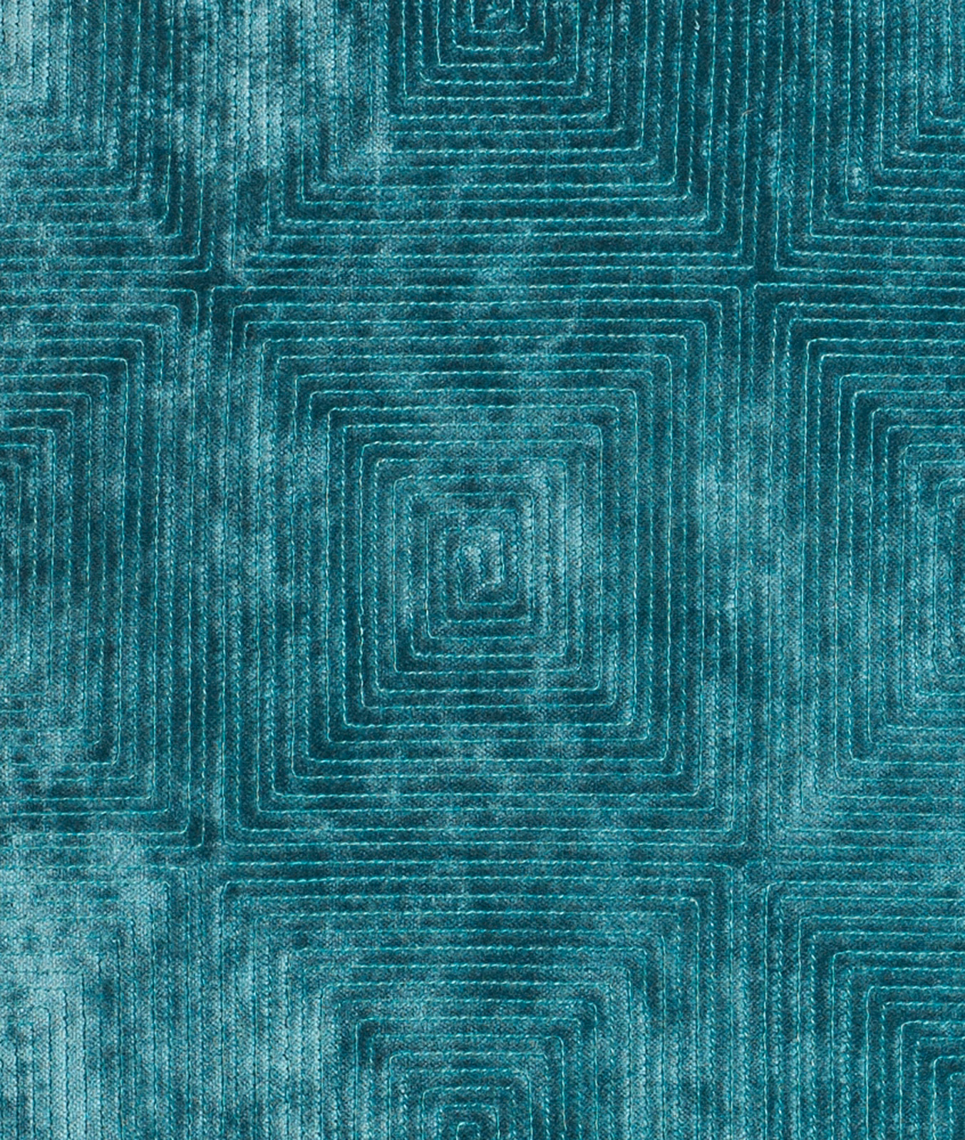 Deep petrol-teal woven fabric with layered squared maze lines and softly cloudy texture