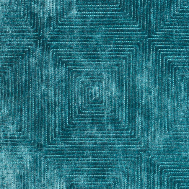 Deep petrol-teal woven fabric with layered squared maze lines and softly cloudy texture