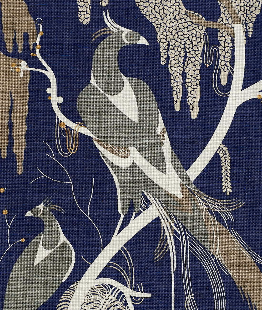 Deep ink-blue fabric with pale birds, taupe branches and cream botanical linework