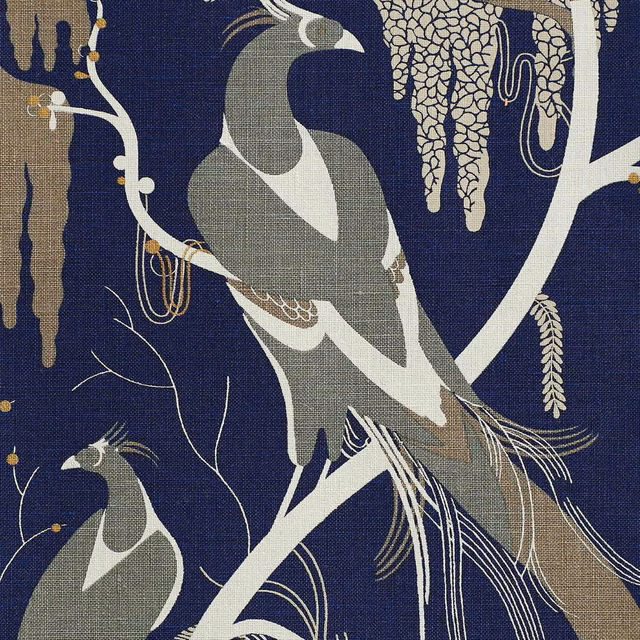 Deep ink-blue fabric with pale birds, taupe branches and cream botanical linework