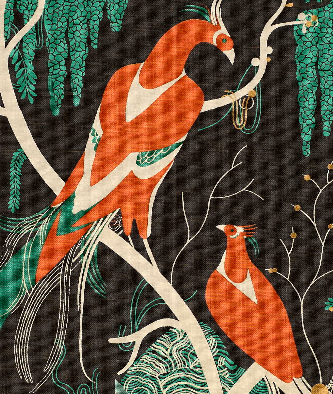 Near-black textile with coral birds, cream branches and turquoise foliage in a bold scenic pattern