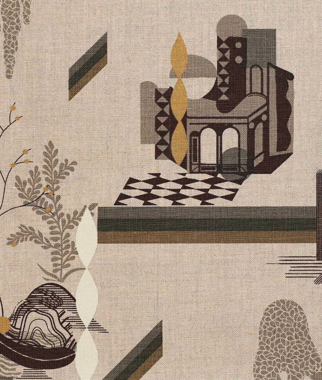 Oatmeal woven textile with olive stripes, ochre forms and dark geometric architecture