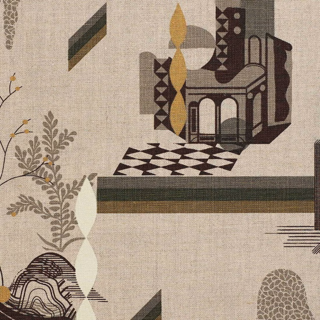 Oatmeal woven textile with olive stripes, ochre forms and dark geometric architecture