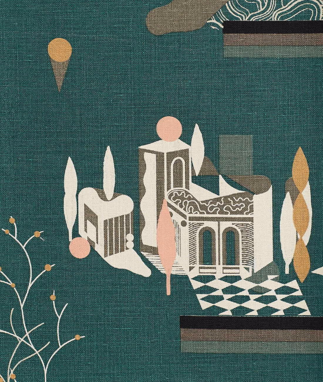 Petrol teal woven fabric with cream architecture, blush figures and ochre botanical motifs