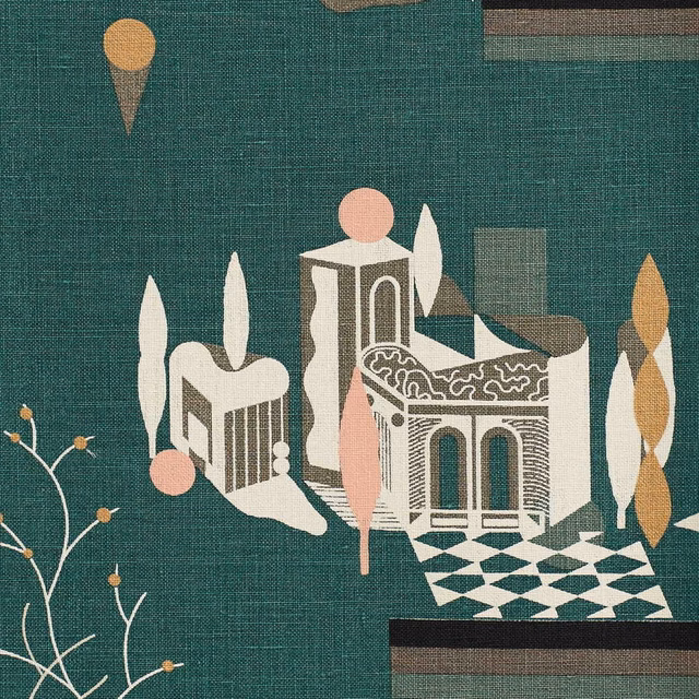 Petrol teal woven fabric with cream architecture, blush figures and ochre botanical motifs