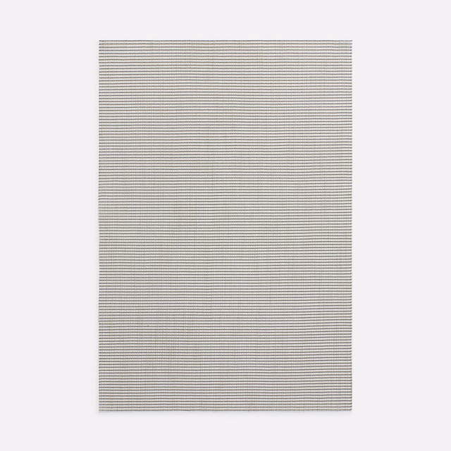 Fine horizontal grey striping across a pale natural linen-toned ground