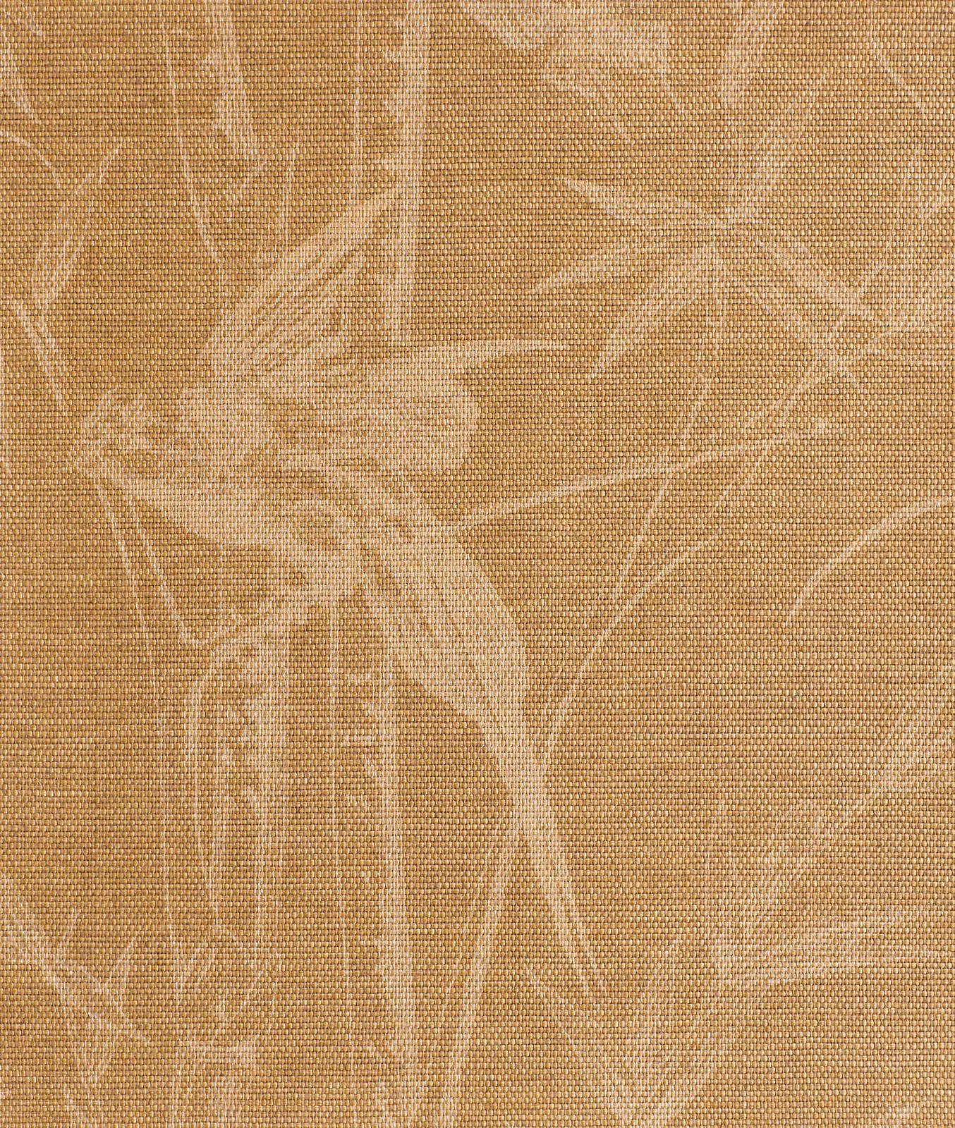 Caramel-tan woven cloth with pale abstract reed and botanical lines