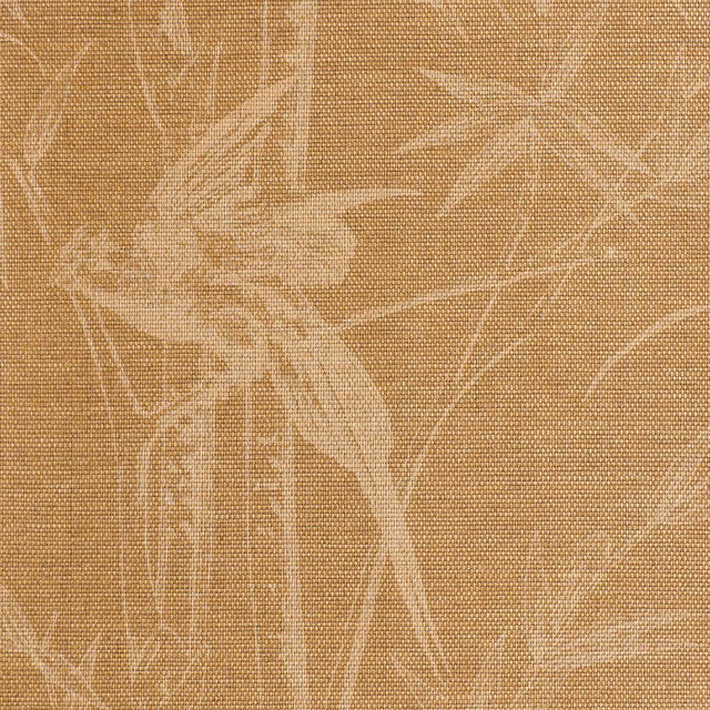 Caramel-tan woven cloth with pale abstract reed and botanical lines