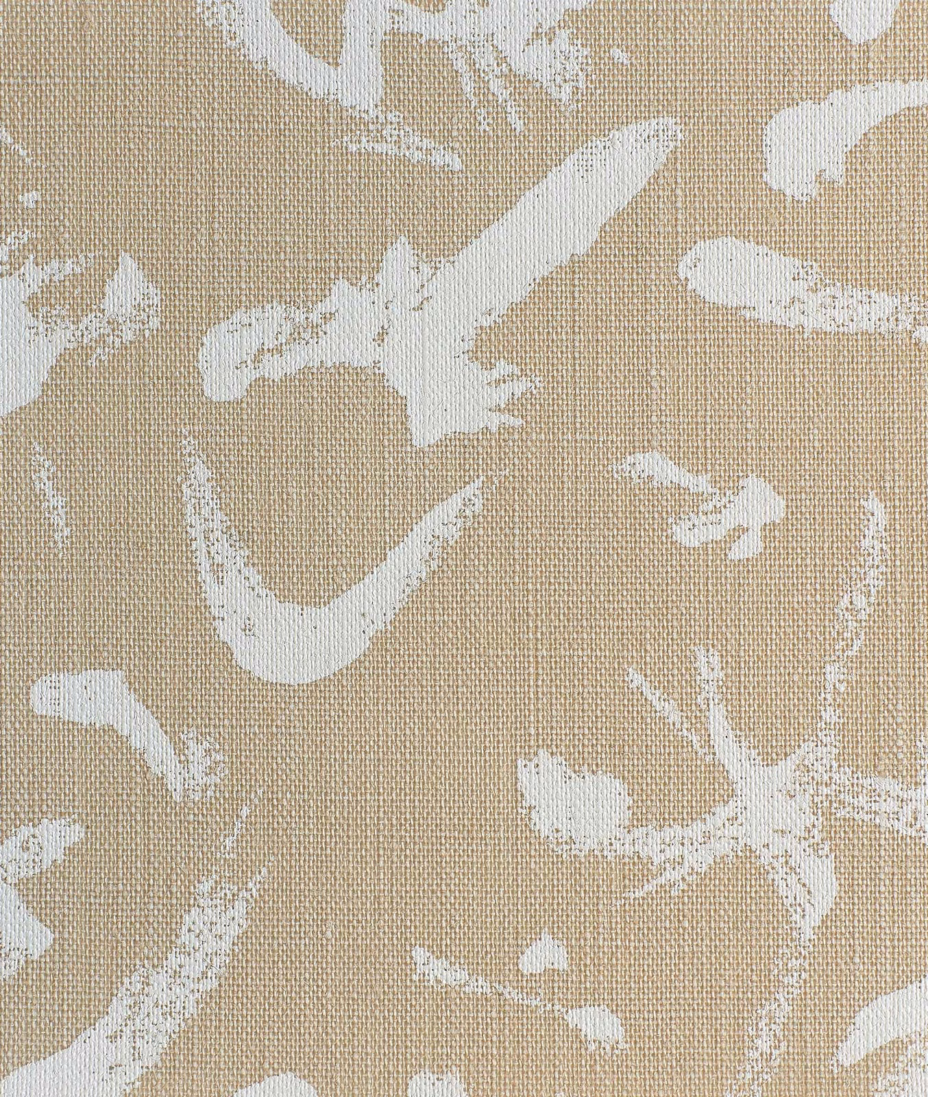 Warm beige woven fabric with irregular white abstract brush marks and tactile texture