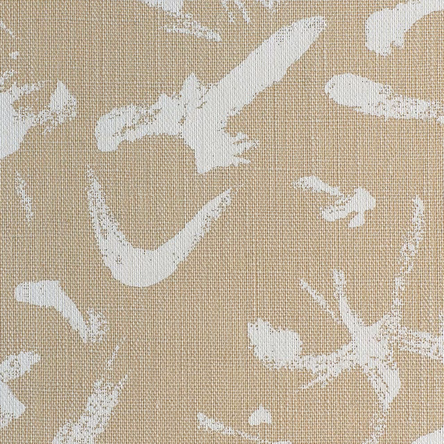 Warm beige woven fabric with irregular white abstract brush marks and tactile texture