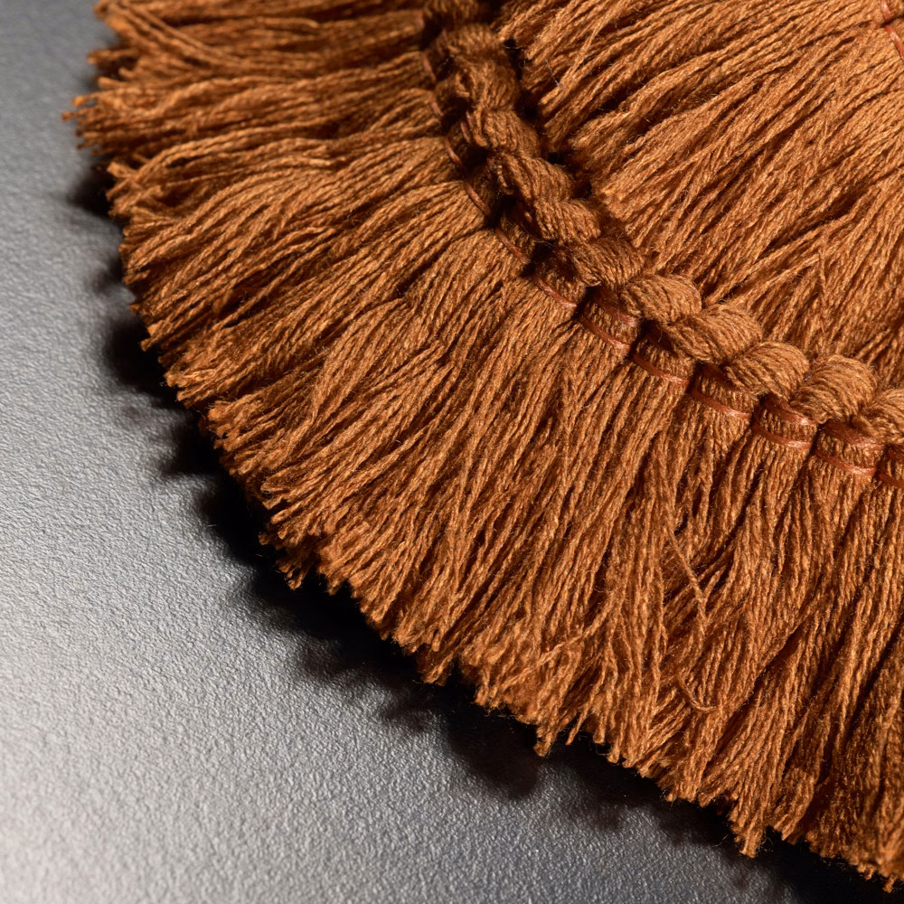 Warm copper-brown fringe with a raised braided trim and tonal sheen