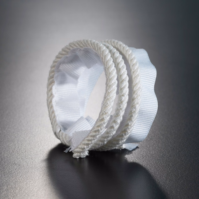 Bright white ribbed tape framed by ivory braided cords in close-up