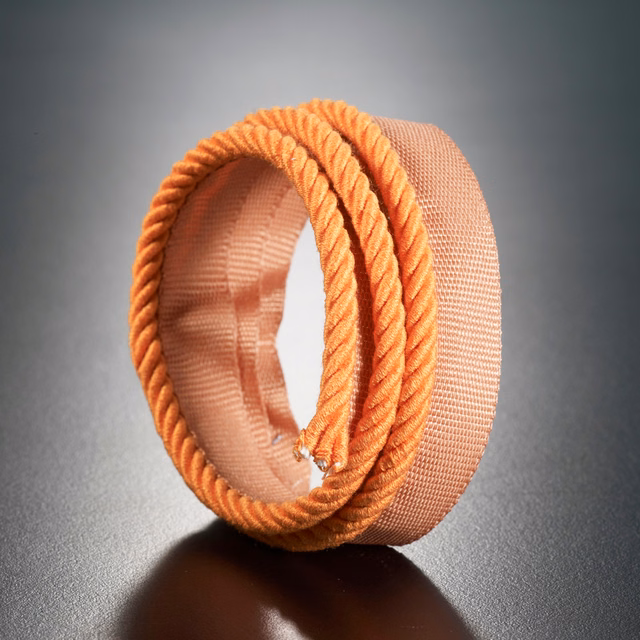 Warm coral-orange woven textile with raised twisted cord edging, shown rolled