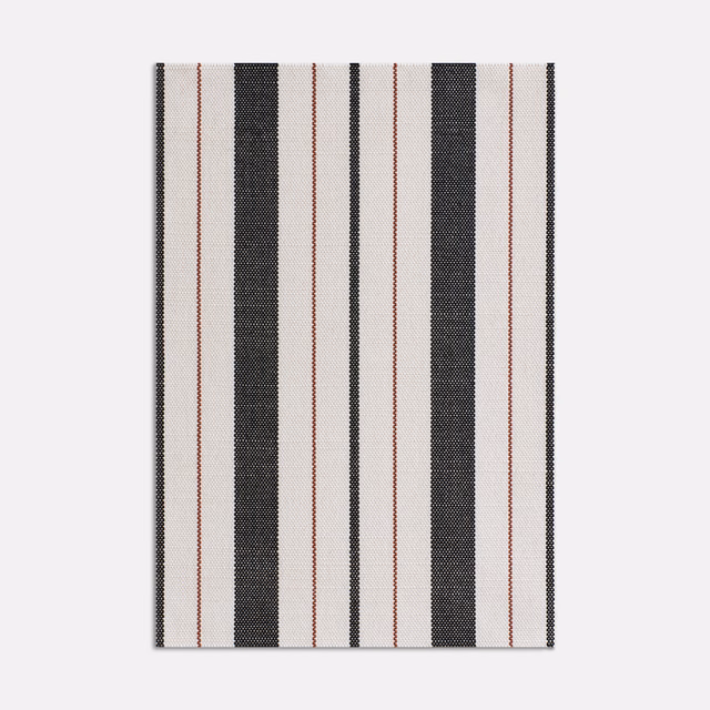 Ivory jacquard with charcoal vertical bands and fine cuoio-red pinstripes